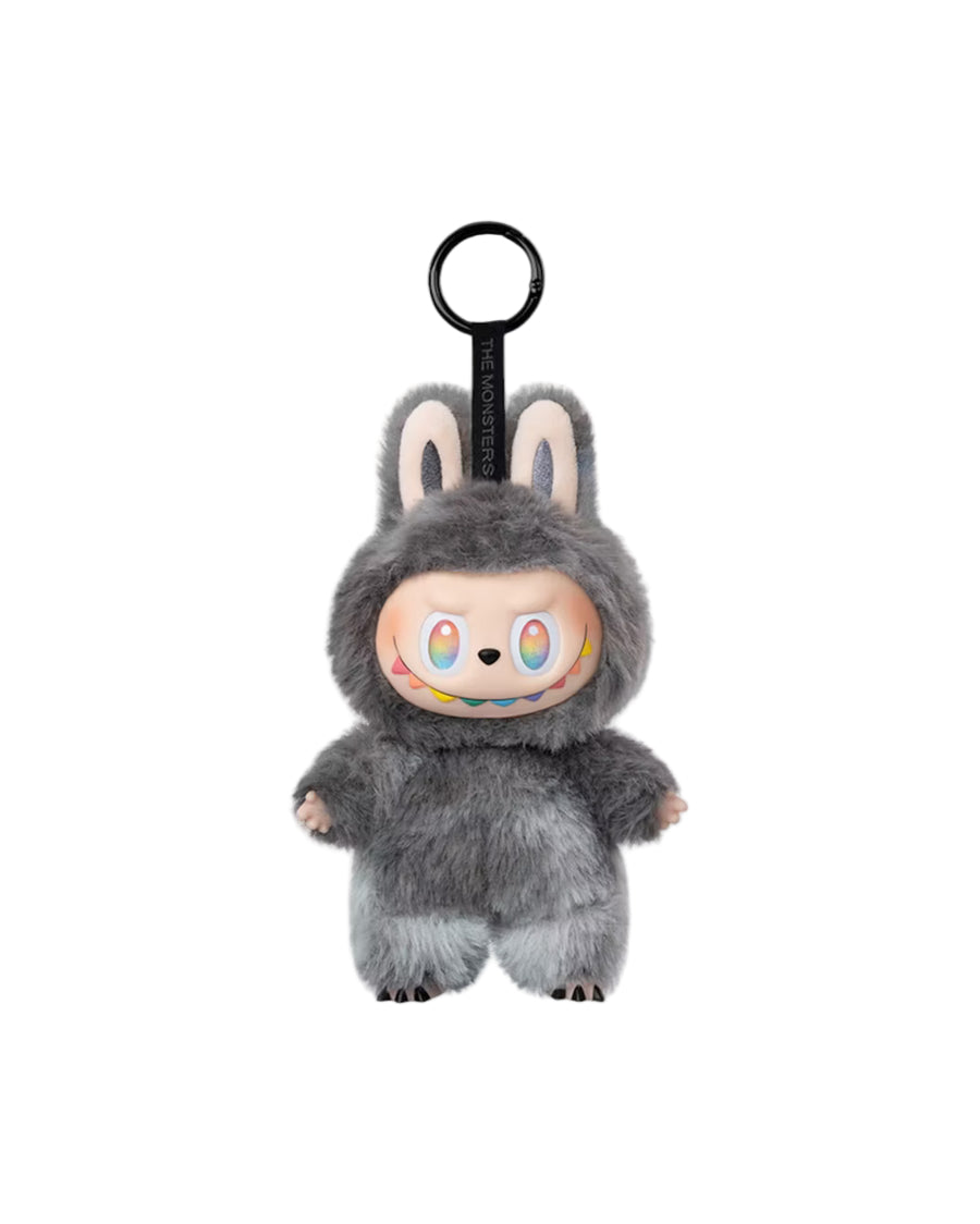 Plush keychain in gray Labubu on a white background