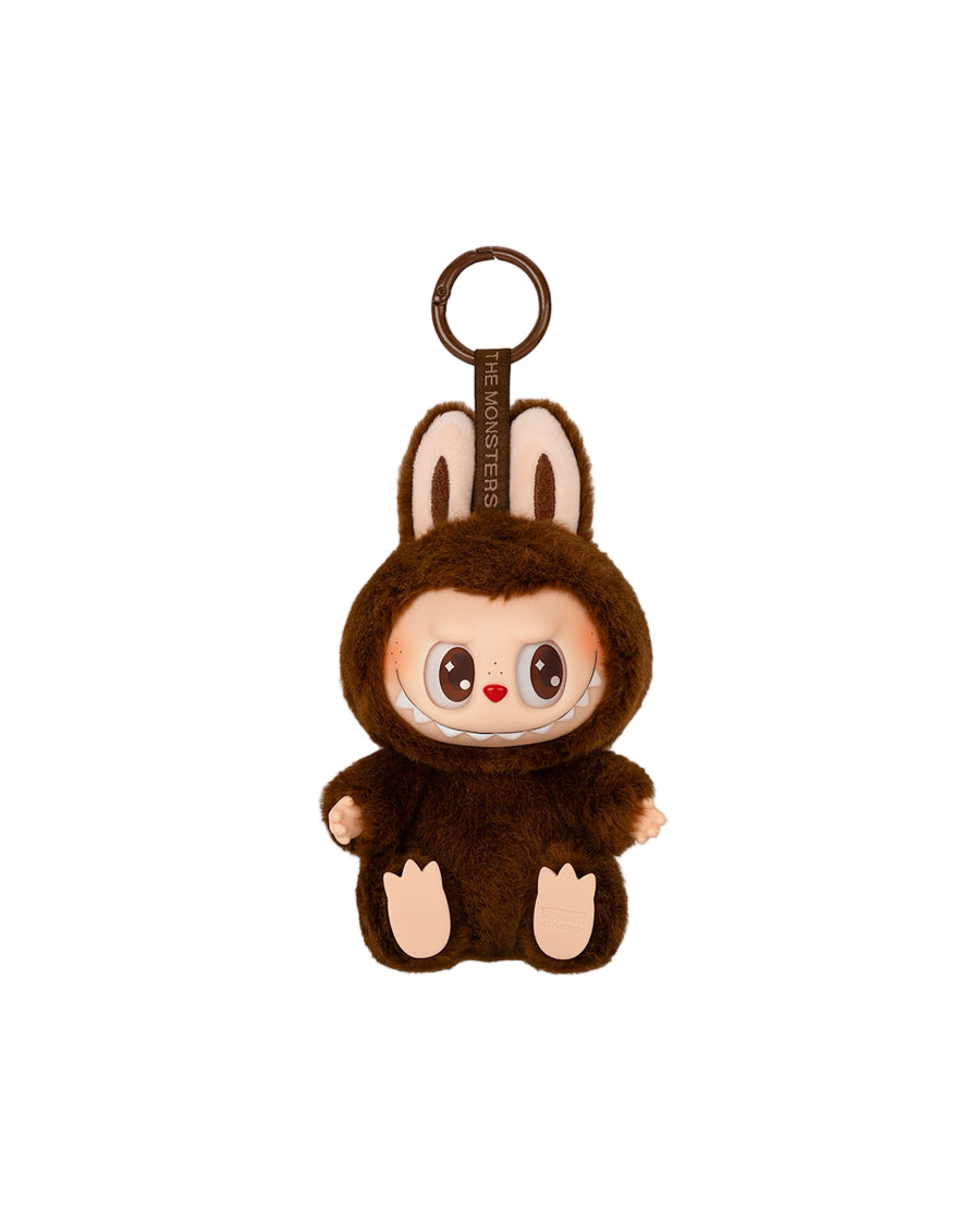 Plush Labubu keychain with a brown outfit on a white background