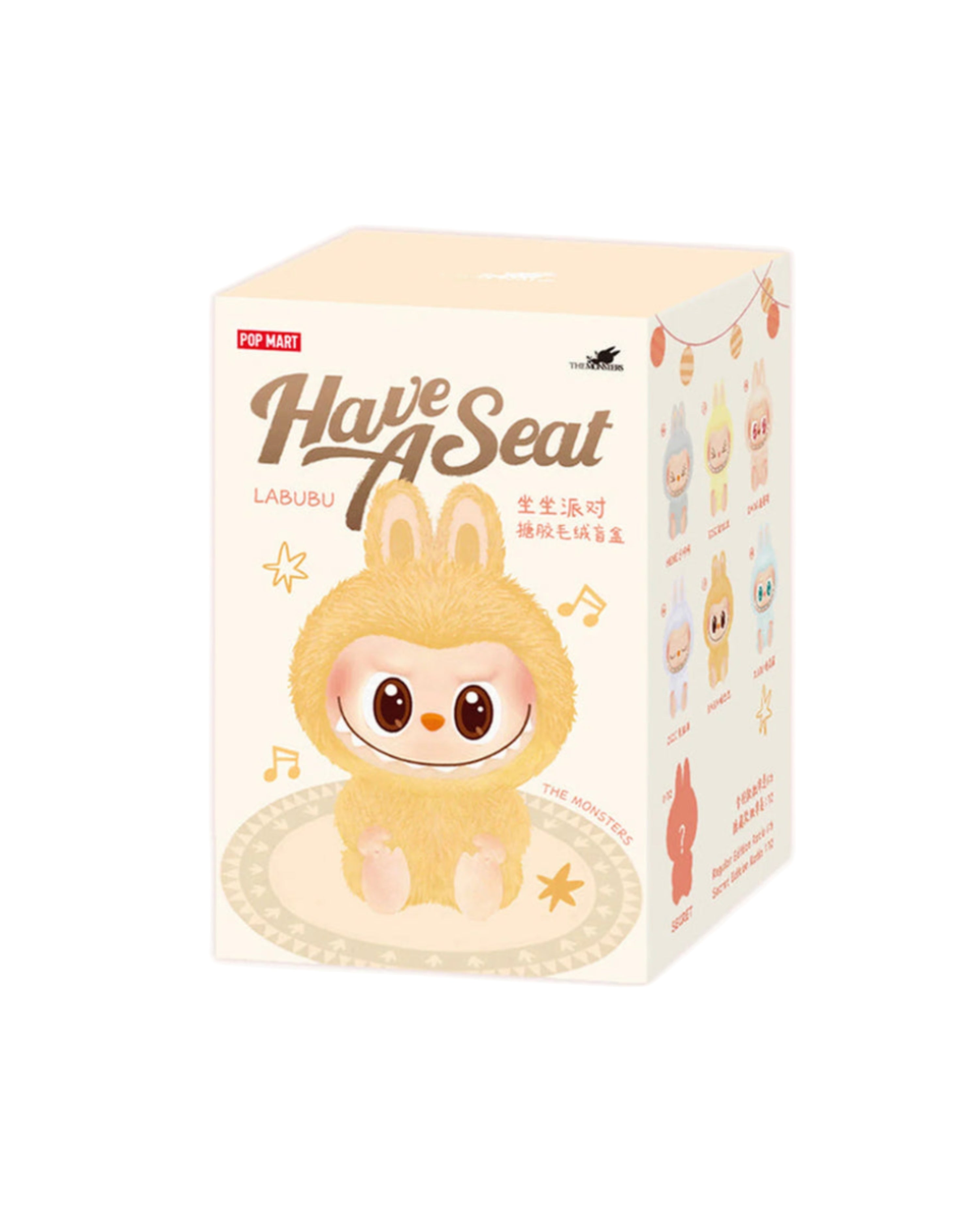 Product packaging with 'Have A Seat Labubu' on a white background