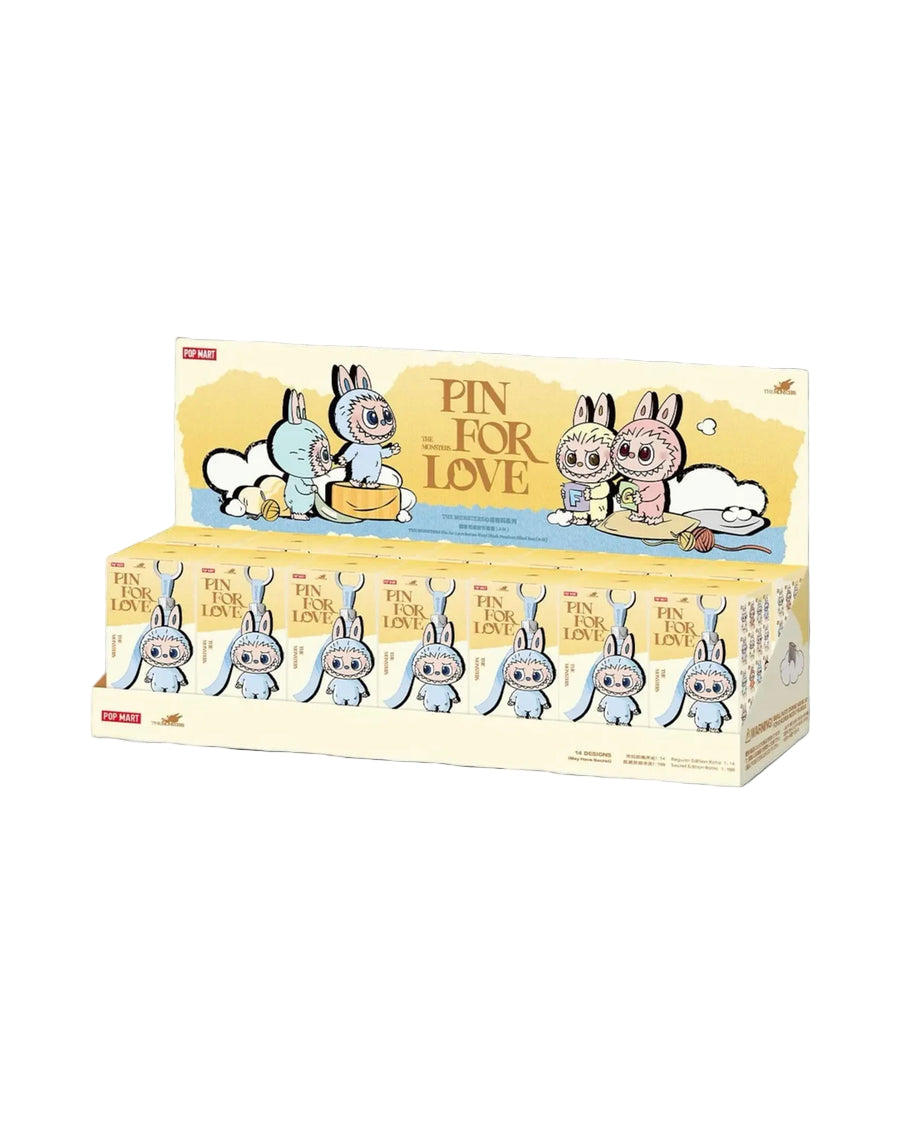A set of boxes of 'Pin for Love' pins with Labubu characters on a white background