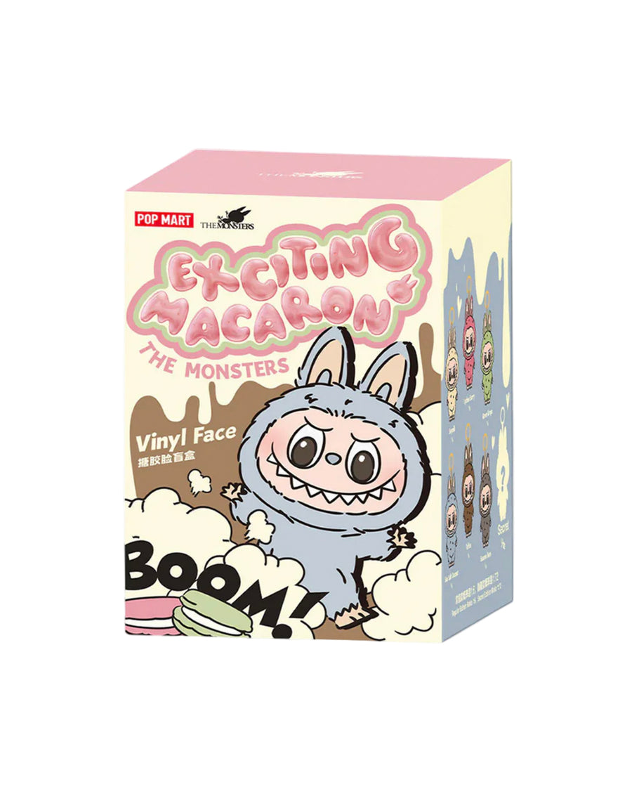 Box of 'Exciting Macarons' with a Labubu character on a white background