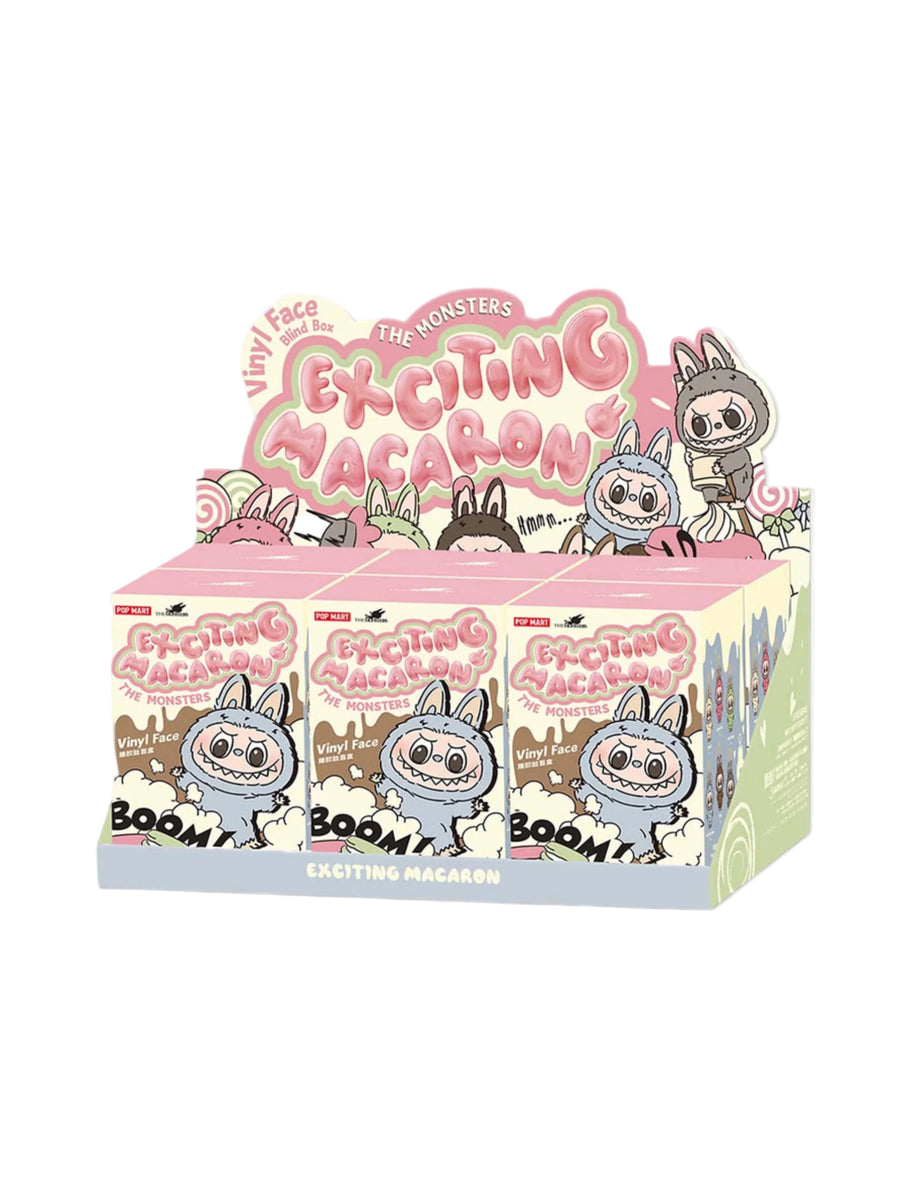 Display set of boxes of 'Exciting Macaron Labubu' on a white background